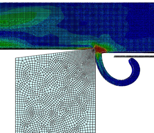 Simulated chip formation from the coupled Eulerian-Lagrangian model, showing the curling chip and the deformation zone ahead of the cutting edge.