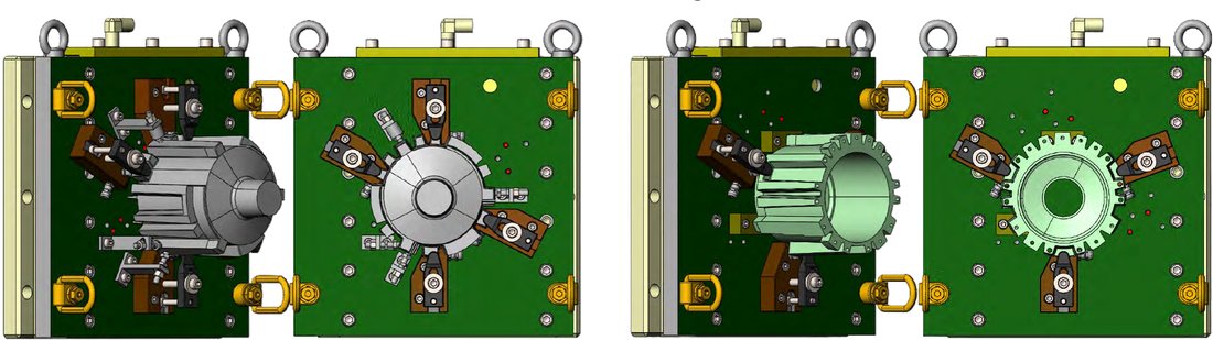 CAD model of the workholding fixture in two configurations, with the housing mounted and force sensors at the part supports.