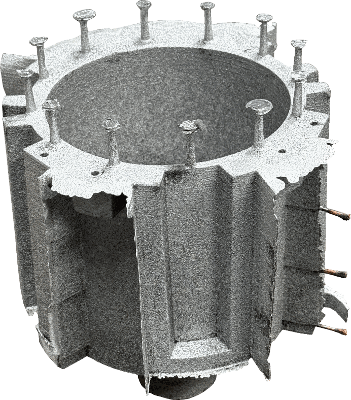 Sectioned aluminium stator housing in the as-cast condition, cast from EN AC-42100 in a 3D-printed sand mould.